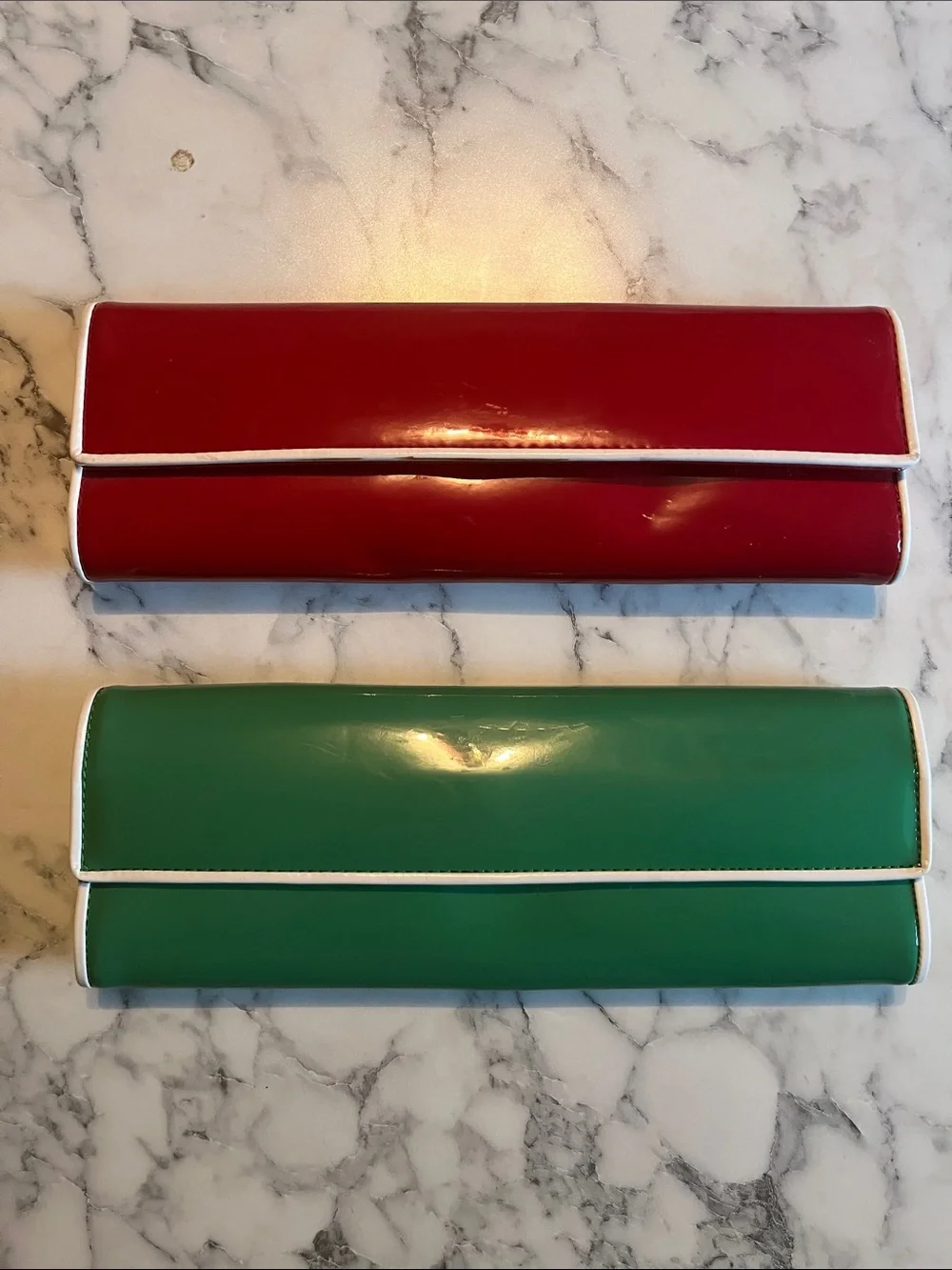 Aldo 2 Patent Leather Clutch Wallet in Red or Green with White Trim - bundle